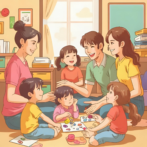 男女の保育士が一緒に保育している様子